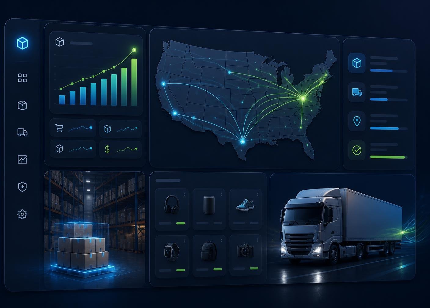 Top Quick House warehouse dashboard showing US shipping routes, live order analytics, and same-day fulfillment